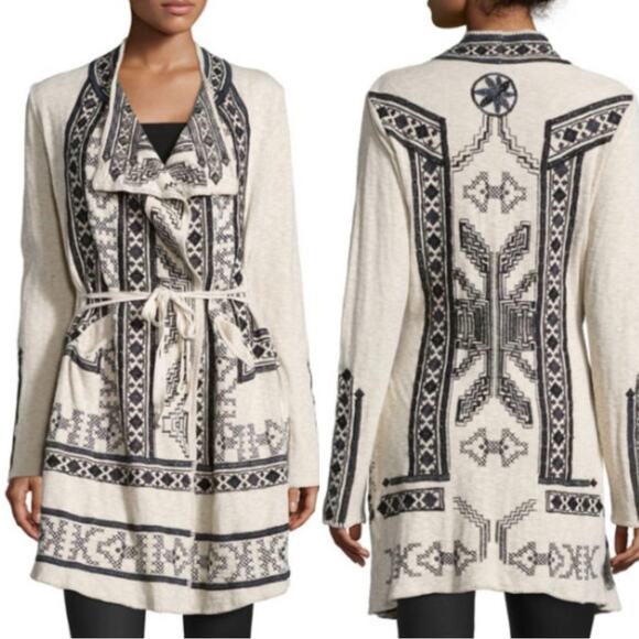 Johnny Was Biya Tikal Tribal Print Wrap Cardigan Size Medium Oatmeal Black - Picture 1 of 4
